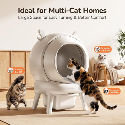 Automatic Self Cleaning Litter Box, Cat Litter Box with APP Control, 65L Globe & Dual Safety Sensors, Robot Litter Box, 1 Roll Garbage Bags and Litter Mat, <35DB, for Multiple Cats, White