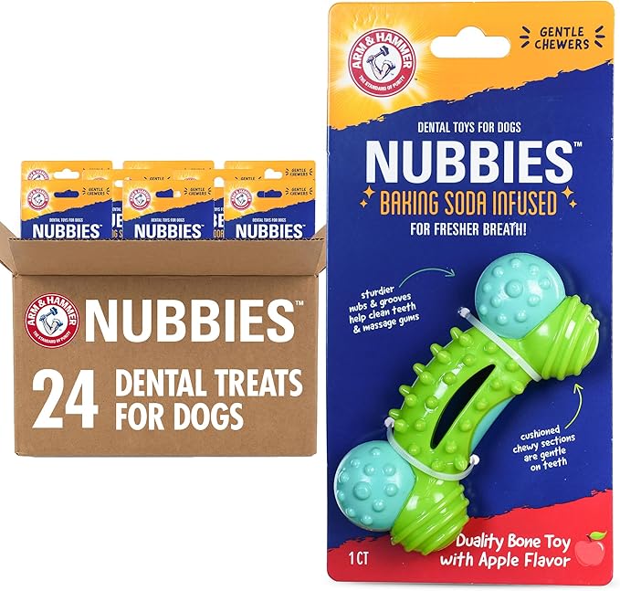 ARM & HAMMER for Pets Nubbies Duality Bone Dental Dog Toy- Best Dog Chew Toy for Moderate Chewers- Dog Dental Toy Helps Reduce Plaque & Tartar- Green Apple Flavor Baking Soda (Pack of 8)