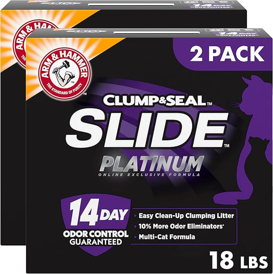 ARM & HAMMER Clump & Seal Slide Platinum Multi-Cat Clumping Cat Litter, 14-Day Odor Control, EZ Clean Technology – No Scrubbing, Powerful Odor Eliminator, 18 lbs (Pack of 2)