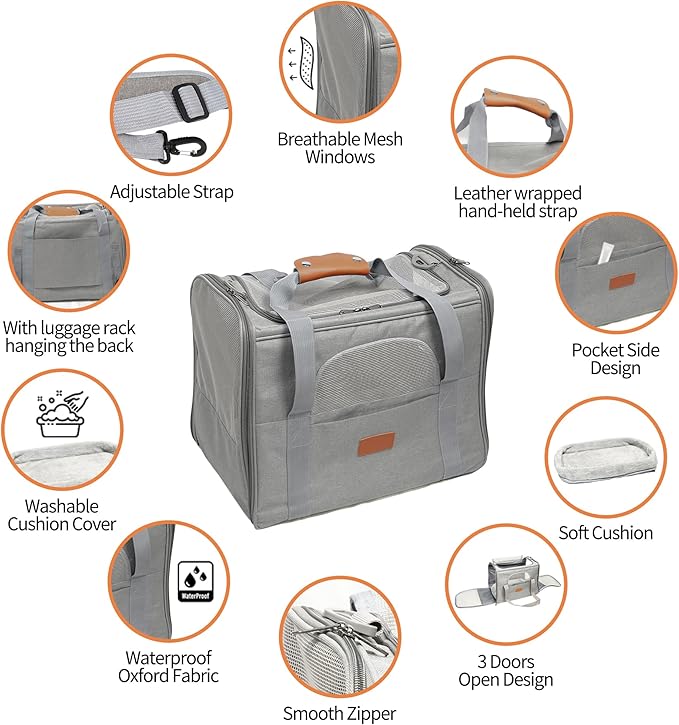 Expandable Pet Carrier for Cats and Small Dogs, Soft-Sided Travel Dog Carrier with Fleece Cushion, Breathable Mesh Windows and Shoulder Strap for Car, Outdoor and Daily Use, Grey
