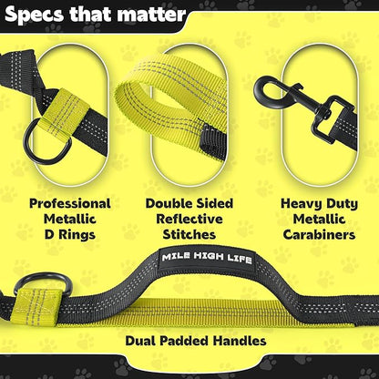 Mile High Life | Retractable Hands Free Dog 7FT Leash | Waist Running Adjustable | Reflective Dual Black Bungees | Dual Handles | Small Medium Large Dogs | (Lemon Yellow)