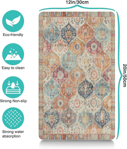 Moroccan Trellis Dog Food & Water Mat, Mexican Talavera Boho Colorful Pet Feeding Mat for Floor Non-Slip Waterproof, Super Absorbent Cat Bowl Mat, Easy to Clean Durable Pet Placemat,12" × 20"