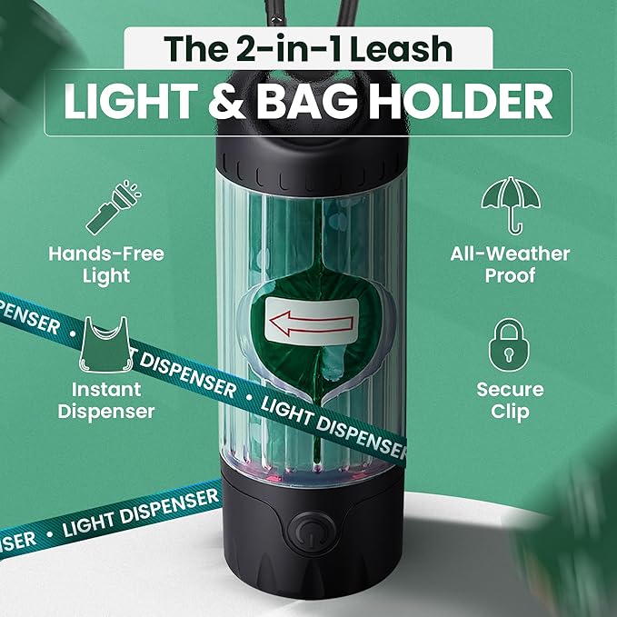 Dog Poop Bag Dispenser with LED Flashlight & 45 Bags (3 Rolls) – USB-C Rechargeable, Waterproof, Anti-Slip Clip, Hands-Free Dog Waste Bag Holder for Night Walks & Outdoor Adventures