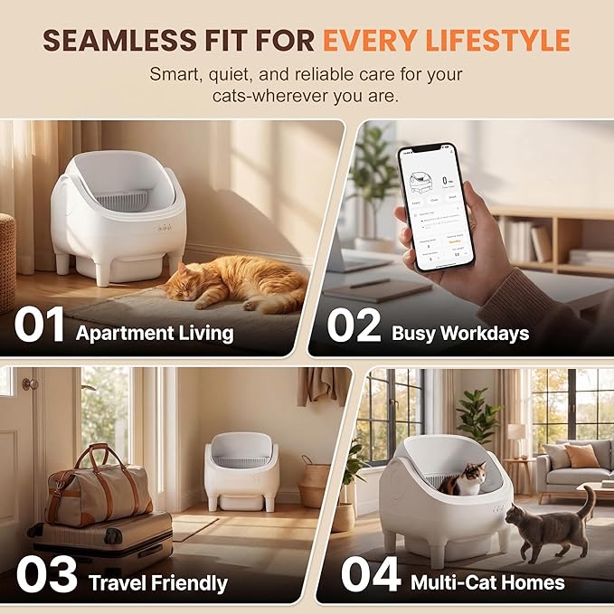Self Cleaning Cat Litter Box, Greesum Automatic Open-Top Smart Litter Box with App Control, 15L Odor-Sealed Waste Bin, Quiet 35dB, Safety Sensors for Large Cats & Multi-Cat Homes