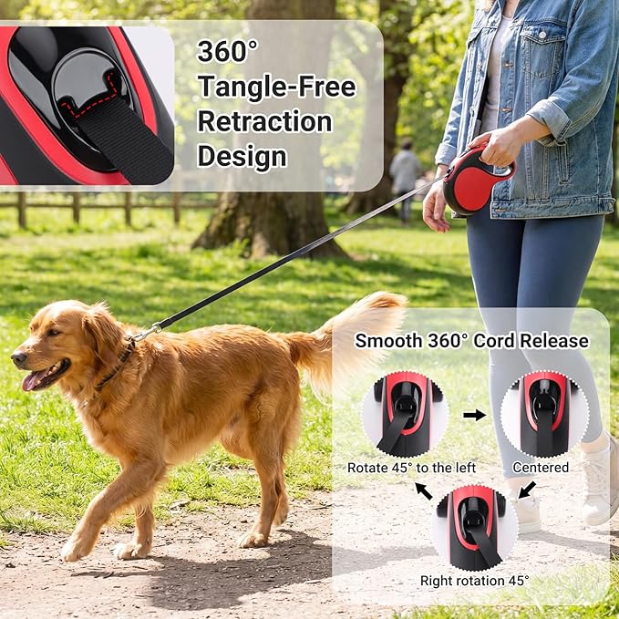 Segarty 16 Ft Retractable Leash with Waste Bag Dispenser, 5m Dog Leash Anti-Slip Handle and 360°Tangle-Free Retraction for Pets up to 66 lbs, Dogs Walking Accessories with One-Handed Brake Pause Lock