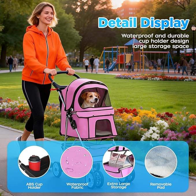 BestOffice Pet Stroller for Small Medium Dogs & Cats, 4-Wheel Foldable Dog Stroller with Cup Holder, Lightweight Travel Carrier, Waterproof Design for Outdoor Walks, Pink