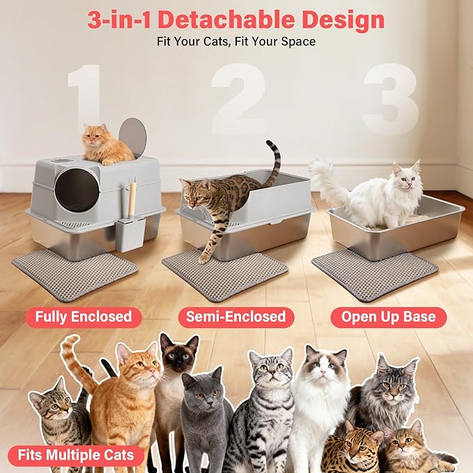 Enclosed Stainless Steel Cat Litter Box with Lid, XL Large Metal Litter Box Stainless Steel, Odor-Free/Anti-Leakage & Non-Stick/Easy Clean, High Sided Litter Box with Mat & Scoop for Big Cats