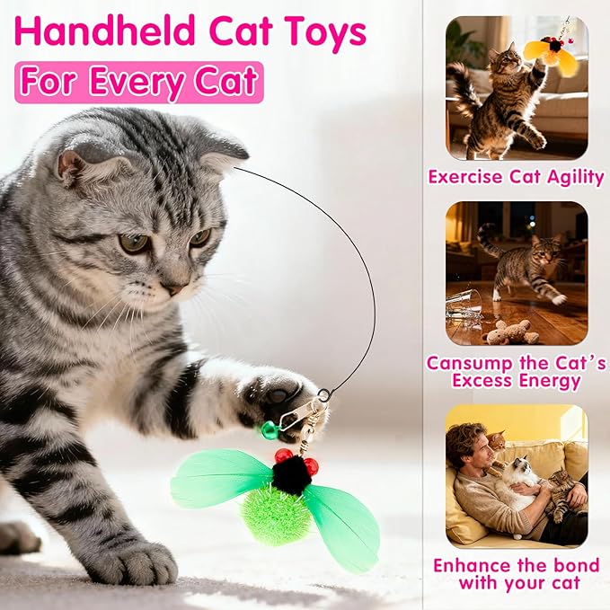 Walfront Interactive Insect Cat Toy for Indoor Cats | Bug Feather Wand with Metal Handle and 3 Realistic Insect Attachments for Exercise, Enrichment and Fun Play for Kittens and Adult Cats