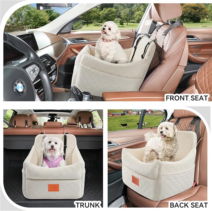 GL GLENSLAVE Dog Car Seat for Small/Medium Dogs, Dog Booster Car Seats with Thick Cushion for Dogs Under 35lbs, Detachable Washable Pet Carseat with Storage Pockets, 2 Safety Belts(Beige)