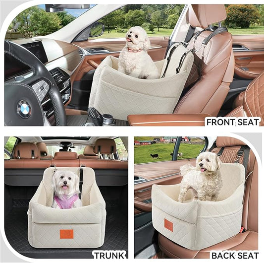 GL GLENSLAVE Dog Car Seat for Small/Medium Dogs, Dog Booster Car Seats with Thick Cushion for Dogs Under 35lbs, Detachable Washable Pet Carseat with Storage Pockets, 2 Safety Belts(Beige)