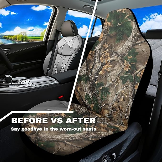 Camo Hunting Forest Car Seat Covers for Truck Sedan SUV Waterproof Elastic Polyester Automotive Front Seat Covers 2 Pcs Set for SUV, Van, Sedan, Truck