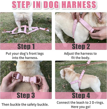 Soft Leather No Pull Dog Harness - Adjustable Step in Dog Harness with Rose Gold Heavy Duty Metal Buckle, Freedom Nylon Dog Halter Vests for Small Medium Large Dogs Easy Walking Training (Pink,XS)