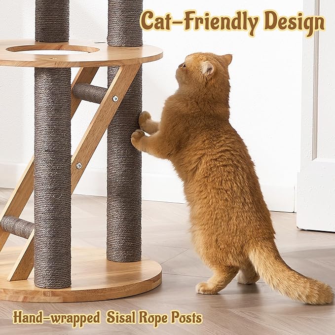 Modern Cat Tree Tower with Scratching Post, 61.5in Tall Cat Tree for Indoor Cats, Multi-Level Solid Wood Cat Furniture with Ladder, Cozy Cat Beds, Cat Condo, Capsule Nest, Dangling Toy, Gray