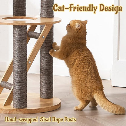 Modern Cat Tree Tower with Scratching Post, 61.5in Tall Cat Tree for Indoor Cats, Multi-Level Solid Wood Cat Furniture with Ladder, Cozy Cat Beds, Cat Condo, Capsule Nest, Dangling Toy, Gray