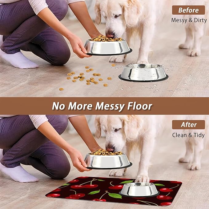 Red Cherry Pet Feeding Mat,Absorbent Quick-Dry Cat Dog Food and Water Bowl Mats,Non-Slip Rubber Backing Mat,Cat Dog Accessories Supplies 12"x20"