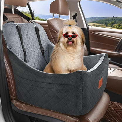 Lealchum Dog Car Seat for Medium Dogs Up to 40lbs,Fully Detachable and Washable,Memory Foam Covered Soft Fabric,Easy to Install with Adjustable Straps,Anti-Slip Base,2 Side Pockets(Black/Grey,Medium)