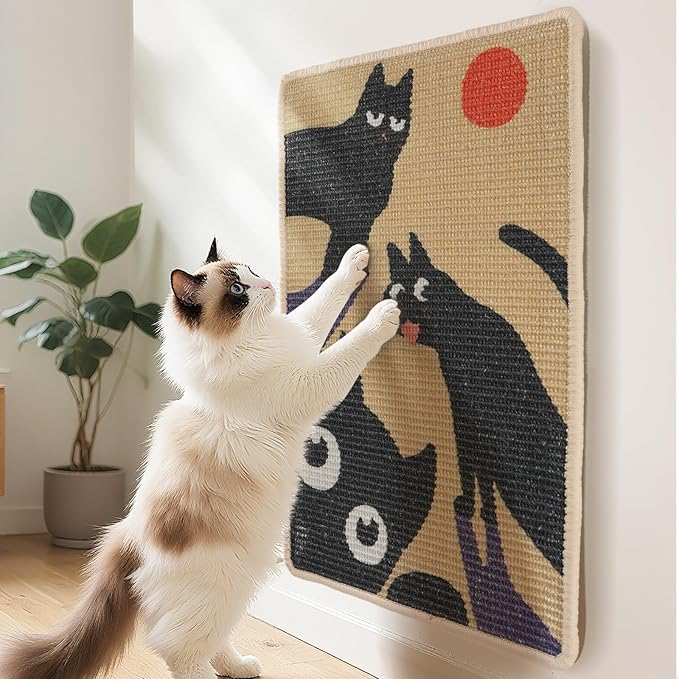 3-in-1 Sisal Cat Scratcher Mat 23.6x15.7'' Protects Carpet Couch & Furniture with Sticker Tape, Floor & Wall Cat Scratching Pad, Anti-Slip, Durable for Indoor Outdoor Cats (Warm Beige)