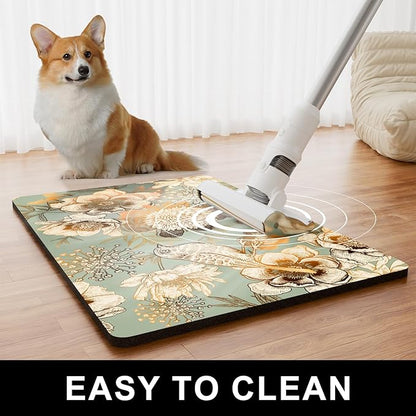 Dog Food Mat, 12" x 19" Flower Absorbent Dog Cat Bowl Mat for Food and Water, Cute Anti-Slip Rubber Pet Feeding Rug Protect Floors, Placemat for Feeding & Watering Supplies, Retro Floral