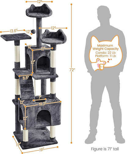 Yaheetech 72-inch Cat Tree, Multi-Level Cat Tower with 2 Condos & 6 Scratching Posts, 3 Perches & Detachable Toy Ball, Pet Furniture Play House for Kittens/Cats, Dark Gray