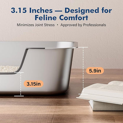 Stainless Steel Cat Litter Box with Low Entry, Metal Kitty Litter Box for Senior or Injured Cats, Odor-Free, Non-Stick, Easy to Clean, 17.5"x13.6"x5.9", Litter Pan for Medium and Small Cats