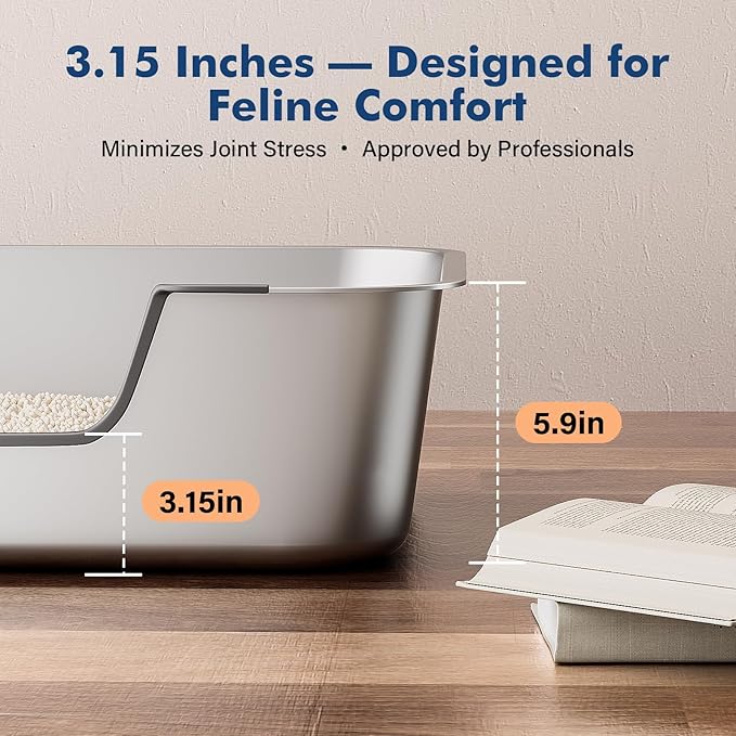 Stainless Steel Cat Litter Box with Low Entry, Metal Kitty Litter Box for Senior or Injured Cats, Odor-Free, Non-Stick, Easy to Clean, 19.5"x13.6"x5.9", Litter Pan for Big and Small Cats