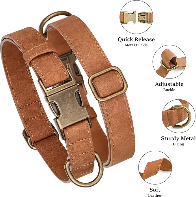 Didog Soft PU Leather Dog Collar, Stylish Quick Released Dog Collar for Large Dogs, Easy Clean Adjustable Pet Collar for Daily Walking, Light Brown, L Fit 16-22" Neck