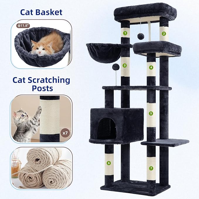 Cat Tree for Indoor Cats, 55.1 inch Cat Tower with 7 Sisal Scratching Posts, Multi-level Cat Condo wit Large Play Platform Furry Ball, Cat Cave, 2 Padded Perches, Basket, Smoky Gray GCT013G
