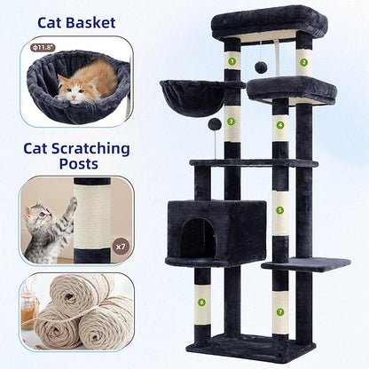 Cat Tree for Indoor Cats, 55.1 inch Cat Tower with 7 Sisal Scratching Posts, Multi-level Cat Condo wit Large Play Platform Furry Ball, Cat Cave, 2 Padded Perches, Basket, Smoky Gray GCT013G