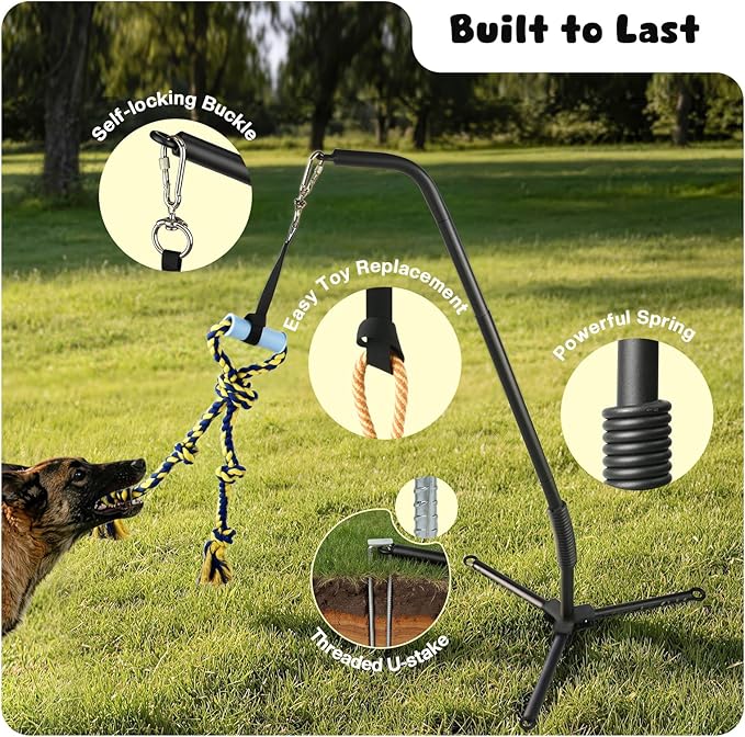 Adjustable Tug of War Dog Toy with 3 Tether Tug Toys, Outdoor Dog Spring Pole Rope Toy with Tripod Base & U-stakes, Hands-free Outdoor Dog Toys for Large Dogs, Interactive Dog Tetherball for Yard