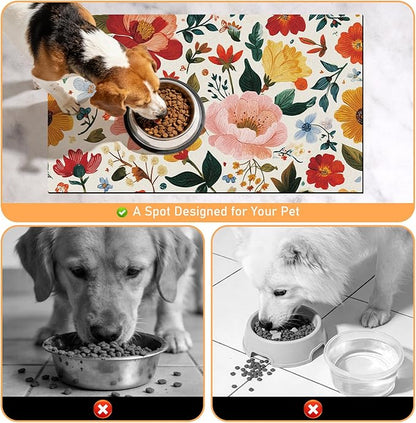 Pet Dog Cat Food Mat - Hamdwerk Absorbent Dog Bowl Mats for Food and Water, Anti Slip Cat Bowl Feeding Placemat for Floors, Quick Dry Diatomite Pet Dish Matts Supplies, Floral Style, 17 * 30in