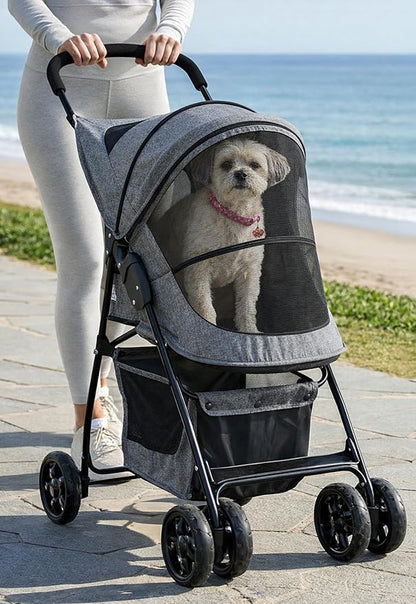 Pet Gear Happy Trails Lite Pet Stroller for Cats/Dogs, Zipper Entry, Easy Fold with Removable Liner, Safety Tether, Storage Basket, Titanium Grey