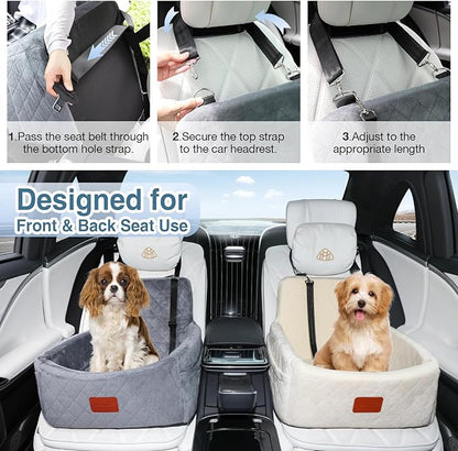 WOOAIDAGG Dog Car Seat for Small Dogs Under 30lbs,Comfy & Safe Travel Bed with Washable Cover,2 Clip-On Safety Leashes and Pockets,Anti-Slip Base,Easy to Install(Grey)