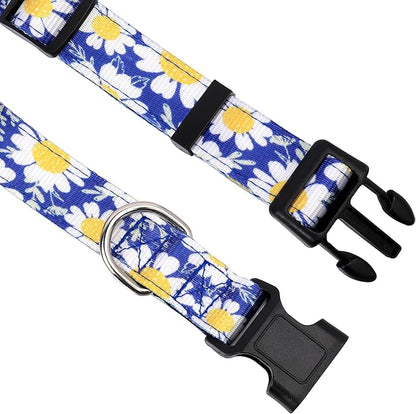 Reflective Dog Collar, Adjustable Soft Neoprene Padded Nylon Pet Collars with Buckle for Puppy and Small Dogs, Cats, Small Daisies Blue,L