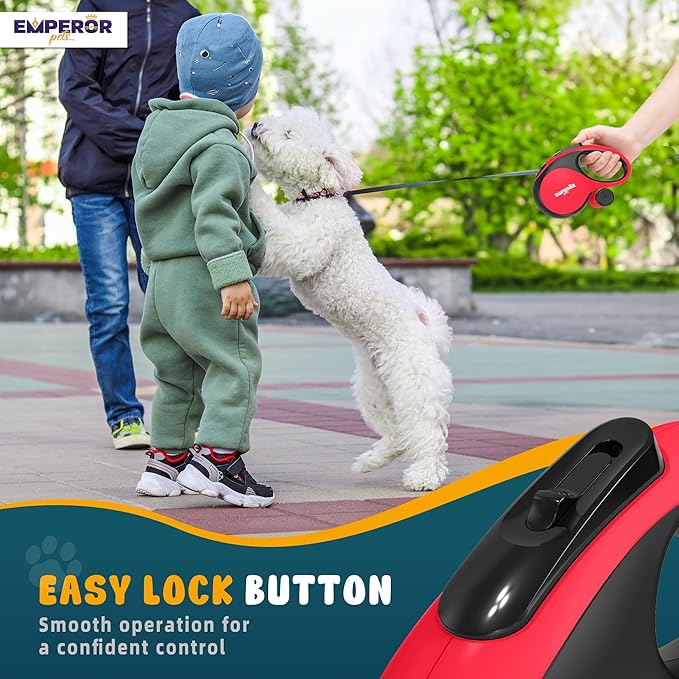 Emperor Pets 16 ft Retractable Dog Leash Red - Heavy Duty Retractable Pet Leash with Anti-Slip Grip for Medium to Large Dogs up to 110 lbs -Aura BR16