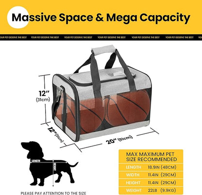 Dog Carrier Soft Sided, Large Cat Carrier with Inner Safety Leash, Pet Transport Carrier for Large Cats and Medium Dogs up to 20 Lbs, Collapsible Travel Puppy Carrier Bag -Gray L