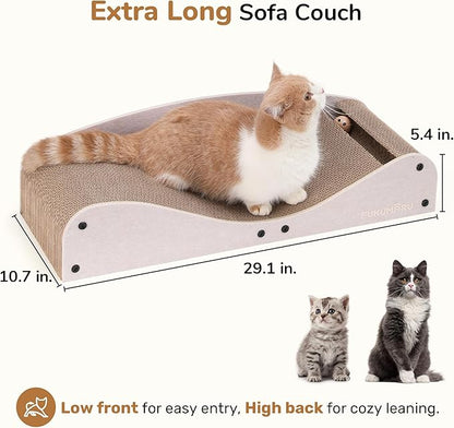 FUKUMARU Cardboard Cat Scratcher Bed, Extra Long 29.1 Inch Cat Scratch Bed Couch Indoor, Natural Felt Multifunctional Cats Scratching Lounger, Horizontal Kitten Cats Scratch Pad with Ball Toy, Camel