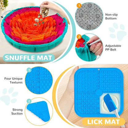 Dog Snuffle Mat and Lick Mats Set, Interactive Dog Enrichment Puzzle Toys for Puppy Small Medium Large Breed Dogs Cats, Adjustable Slow Feeder Bowl Sniff Foraging Treat Mats Mental Stimulation