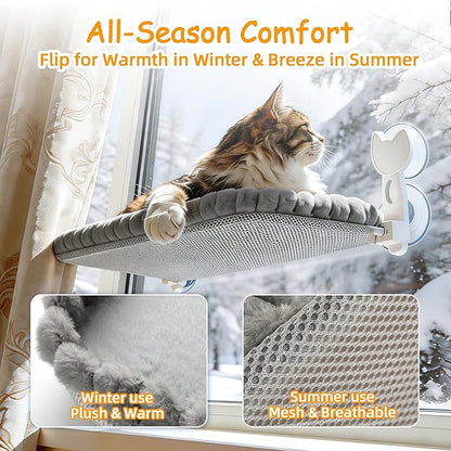 Cat Window Perch - Cordless Foldable Double-Sided Cat Hammock with Metal Frame, Machine Washable Bed for Large Cats & Kittens to Sunbathe Safely-Gray
