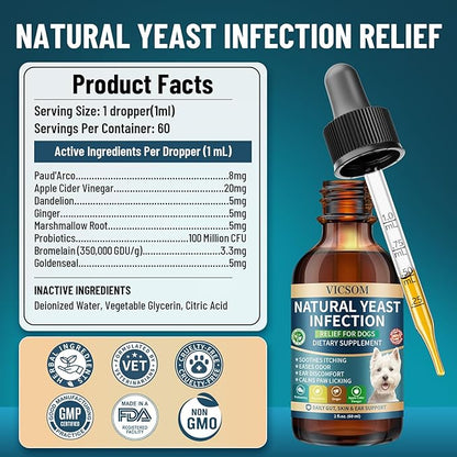 VICSOM Natural Dog Yeast Infection Treatment for Dogs, Itchy Skin & Ear Treatment Natural Support Allergy Relief, Dog Yeast Infection Relief, Support Irritation, Itching & Inflammation 60ml