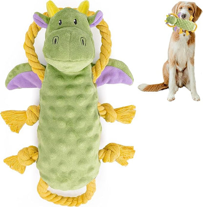Squeaky Dog Stuffed Animals Chew Toy, Crinkle Paper Tug of War Rope Plush Dog Toy, Soft Tough Squeaker Dog Entertainment Toys for Home Alone, Fun Boredom Busters for Dogs - Dragon