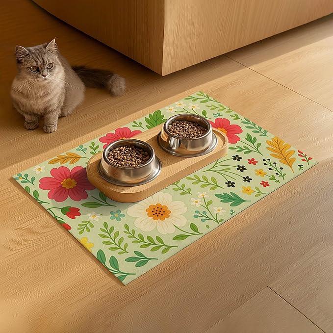 Absorbent Pet Feeding Mat Floral Design for Dogs and Cats Food Water Bowl Mat Easy to Clean Pet Food Mat for Kitchen Area Home Decor 24 x 16 Inches Anti Slip Dog Bowl Mat Pet Placemat