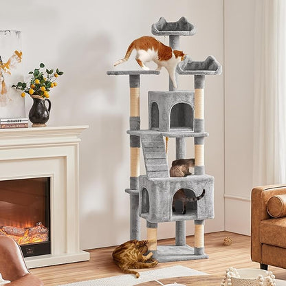 Yaheetech XL Cat Tree, 72in Multi-Level Cat Tower with 2 Cozy Caves, 3 Soft Perches, Scratching Posts, Board, and Dangling Ball, Pet Furniture Play House for Kittens/Cats, Light Gray