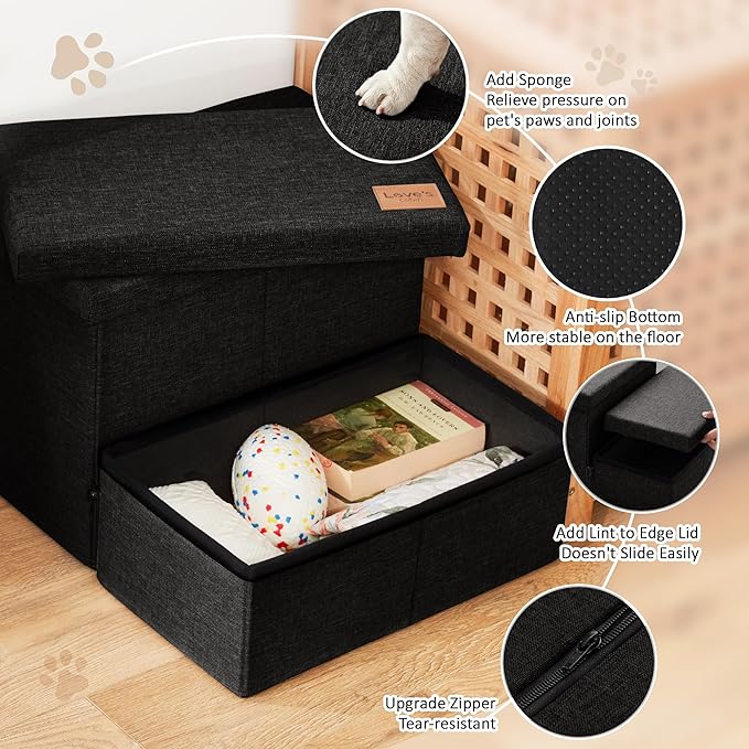Love's cabin Dog Stairs with Storage 13" H, Foldable Pet Stairs for Small Medium or Large Dogs, Cat Puppy Steps Ramp with Zip up to 150 lbs, Black, 2 Steps