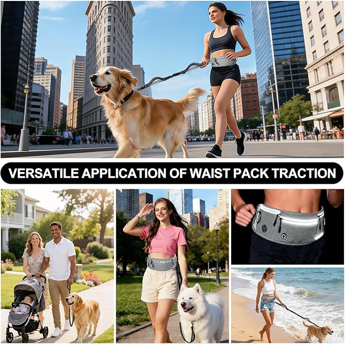 Hands Free Dog Leash with Zipper Pouch, Waist Leash for Dog Walking and Running, Dual Padded Handles, Shock-Absorbing Bungee for Medium to Large Dogs