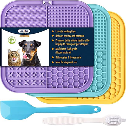 Lick Mat for Dogs and Cats, Licking Mat with Suction Cups for Dog Anxiety Relief, Cat Peanut Butter Lick Pad for Boredom Reducer, Enrichment Toy, Treat Mat for Bathing Grooming (Large-3 Pack)