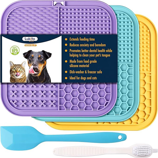 Lick Mat for Dogs and Cats, Licking Mat with Suction Cups for Dog Anxiety Relief, Cat Peanut Butter Lick Pad for Boredom Reducer, Enrichment Toy, Treat Mat for Bathing Grooming (Large-3 Pack)