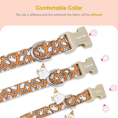 Faygarsle Halloween Ghost Pattern Dog Collar with Charm, Orange and White,for Small Medium Large Dogs XS
