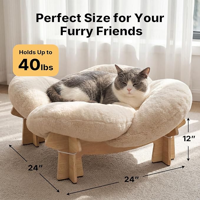 Veehoo Modern Elevated Cat Bed with Washable Fluffy Cushion for Indoor Cats & Small Dogs, Wooden Raised Pet Couch Sofa, Cozy Lounge Chair Suitable for Puppy, Cat Furniture