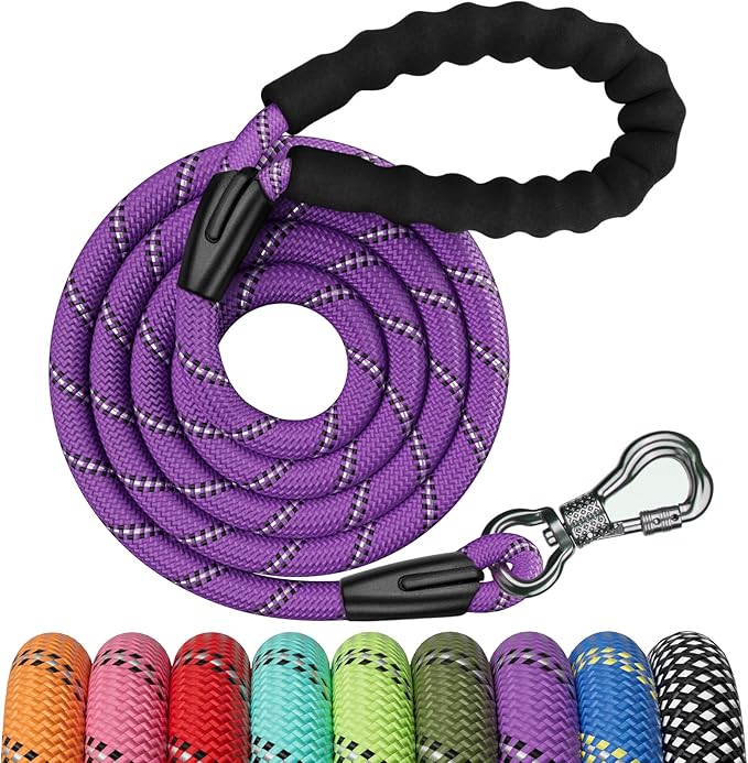 NTR 8FT Heavy Duty Dog Leash with Swivel Lockable Hook and Comfortable Padded Handle, Purple Rope Dog Leash for Small Medium Large Dogs Training, Playing, Camping, or Backyard