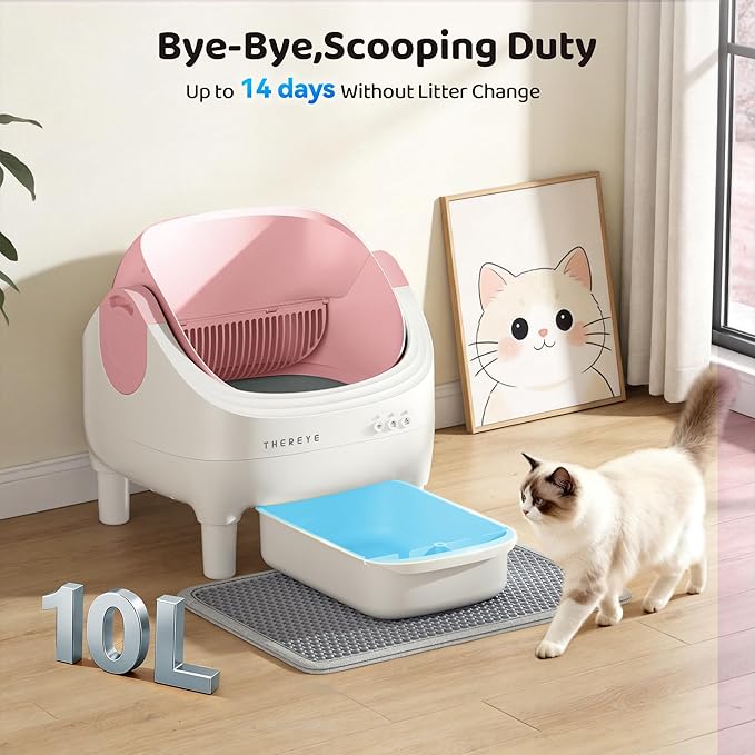 Thereye Self Cleaning Cat Litter Box, Open-Top Automatic Litter Box with APP Control, Safety Sensor and 10L Large Waste Bin, Smart Kitty Litter Boxes with Trash Bags and Mat for Multiple Cats